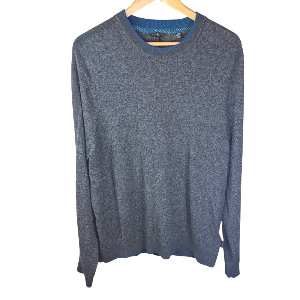 Ted Baker London Mens XXL (6) Wool Crew Neck Sweater Blue Gray Preppy‎ Outdoor